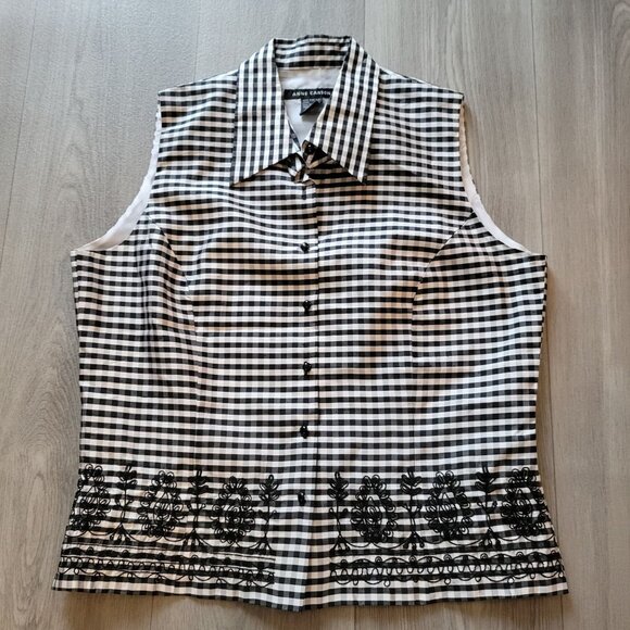 Sleeveless Anne Carson Black & White Gingham Silk Blouse With Embroidered Hem L - Picture 4 of 5